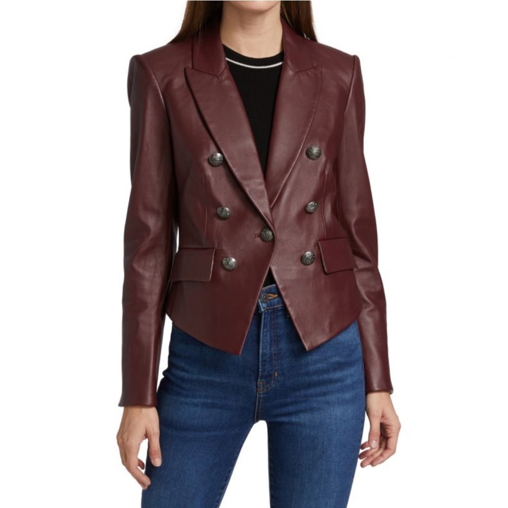 Veronica Beard Burgundy Double-Breasted Leather Jacket